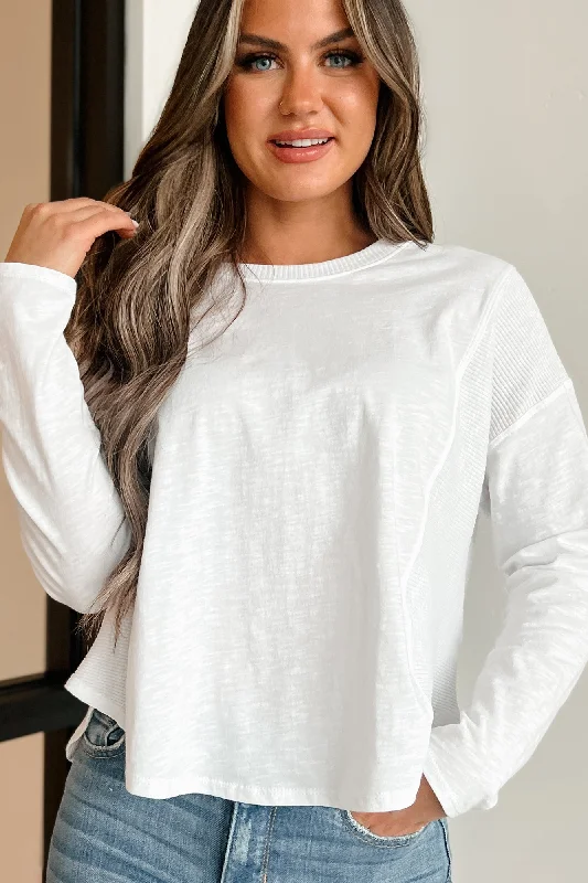 I'm Off Duty Contrast Ribbed Long Sleeve Top (Off White)