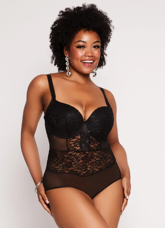 Plus Size Floral Lace Mesh Detail Bodysuit