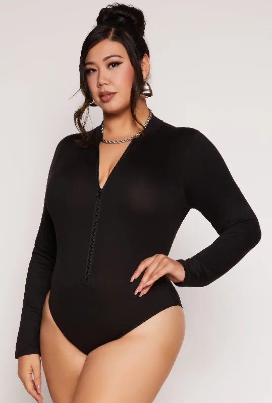 Plus Size Zip Front Mock Neck Bodysuit