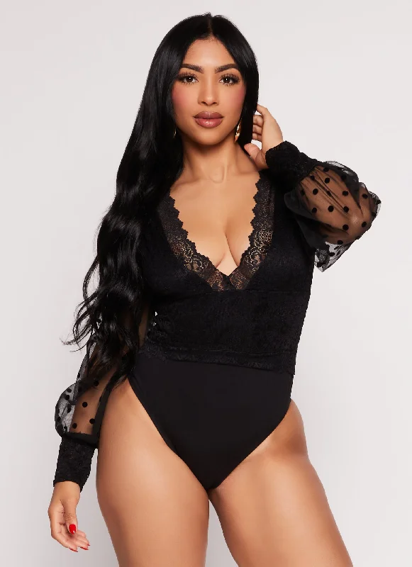 Swiss Dot Puff Sleeve Plunge Bodysuit