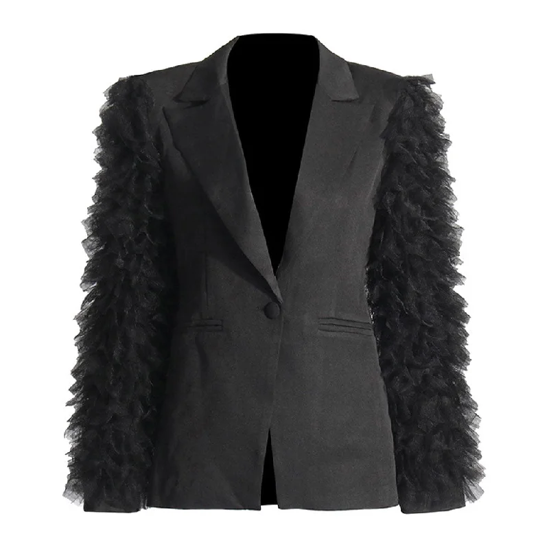 Feminine Lapel Single Breasted Shoulder Pad Long Sleeve Tulle Ruffle Blazer