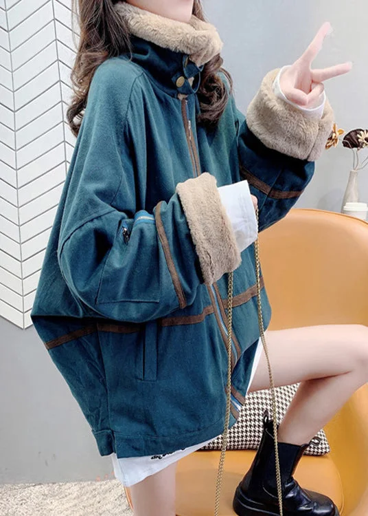 Green Peter Pan Collar Zippered Patchwork Parka Winter