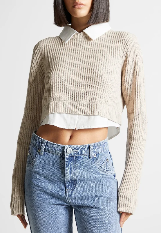 Knitted Jumper with Shirt Detail - White/Beige