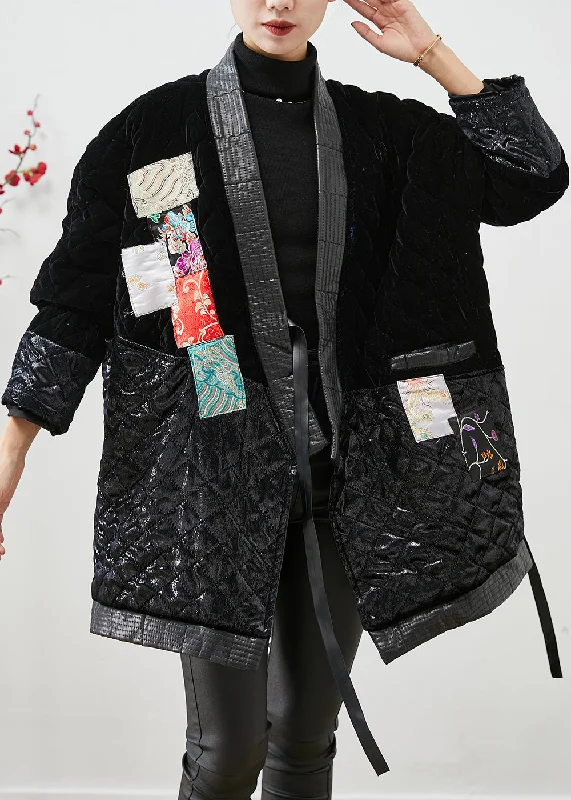 Modern Black Lace Up Patchwork Silk Velour Cotton Filled Coat Winter