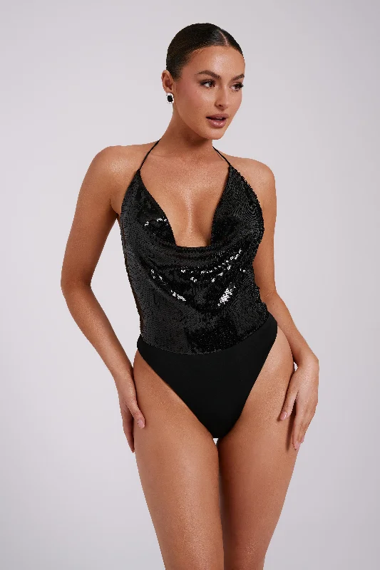 Nathalie Sequin Cowl Bodysuit - Black