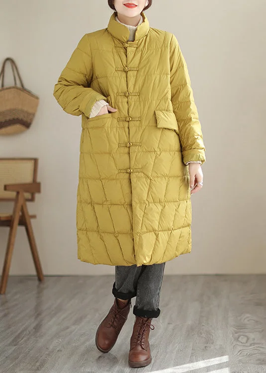 New Yellow Button Pockets Patchwork Cotton Filled Parka Fall