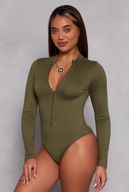 Zip Front Mock Neck Long Sleeve Bodysuit