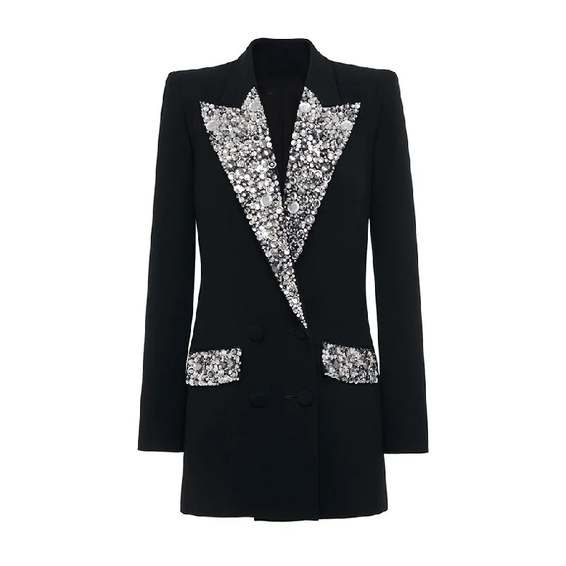 Opulent Rhinestone Lapel Collar Long Sleeve Double Breasted Tailored Blazer