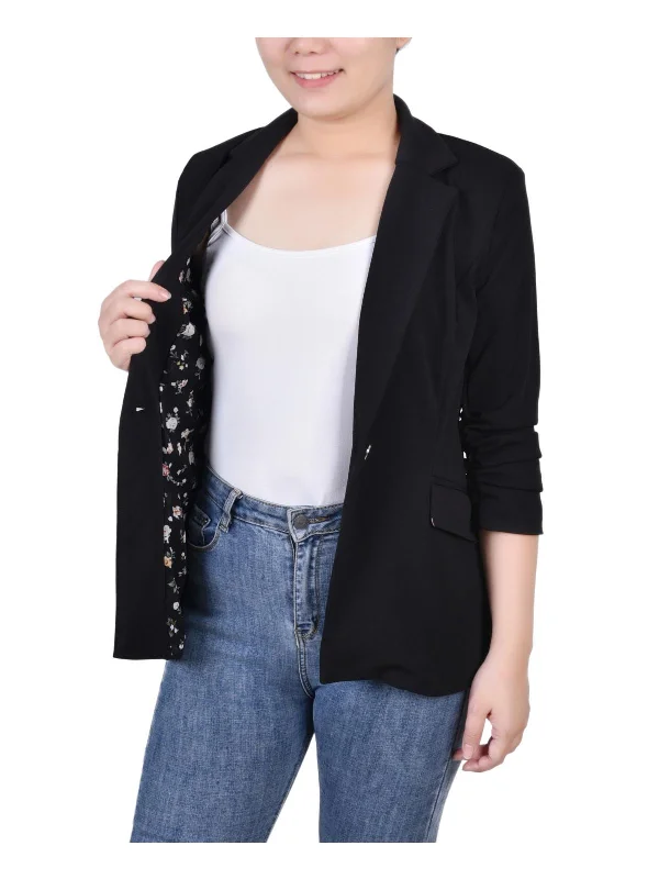 Petites Womens Crepe Ruched One-Button Blazer