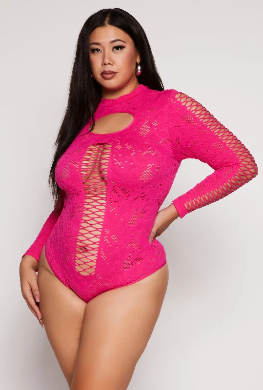 Plus Size Keyhole Fishnet Detail Long Sleeve Bodysuit