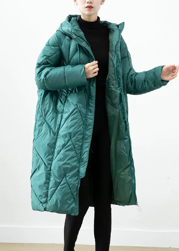 Plus Size Blackish Green Hooded Pockets Fine Cotton Filled Jacket In Winter