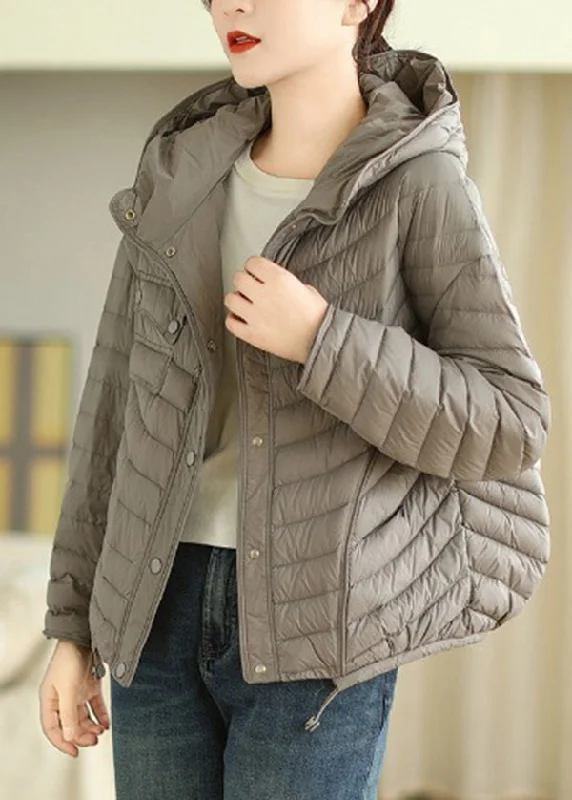 Plus Size Grey Hooded Drawstring Fine Cotton Filled Jacket Winter