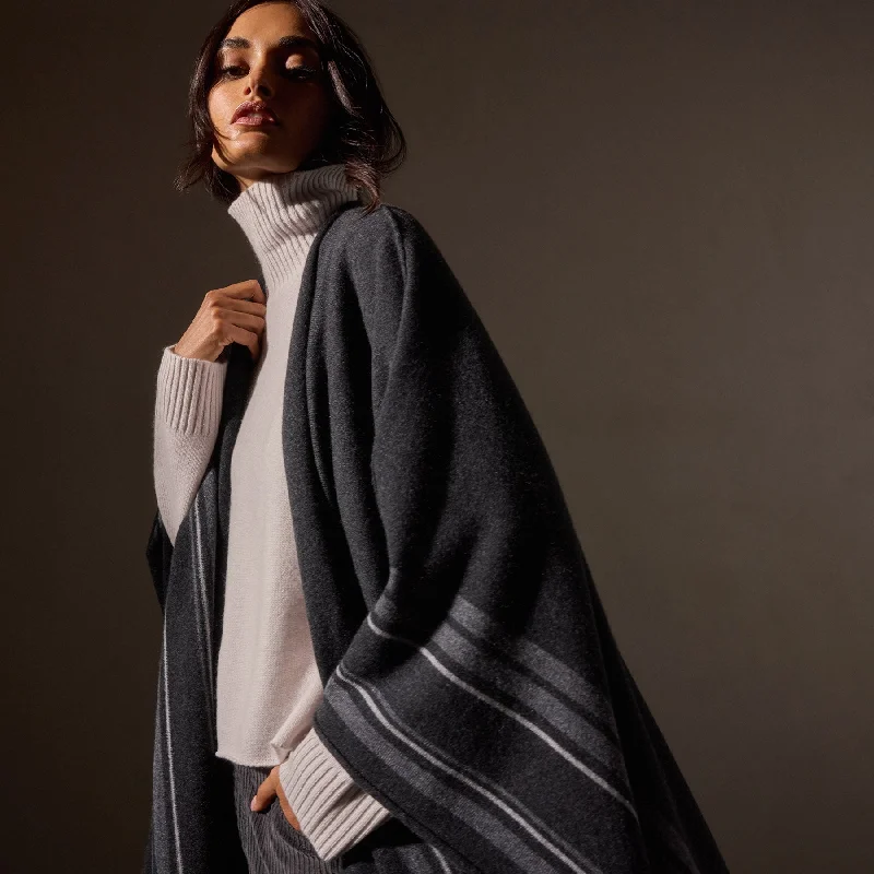 Recycled Cashmere Striped Poncho - Coal