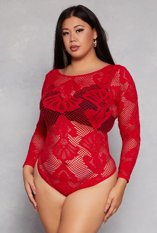 Plus Size Seamless Lace Long Sleeve Bodysuit