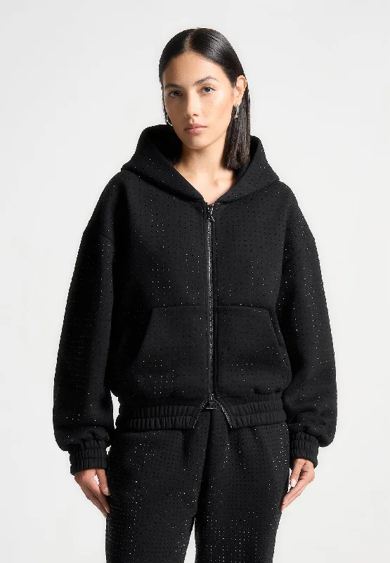 Rhinestone Zip Through Hoodie - Black