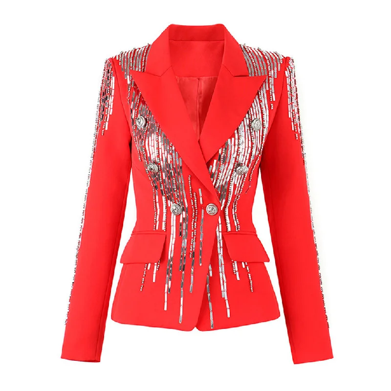 Shiny Sequin Beaded Peak Lapel Double Breasted Tailored Blazer