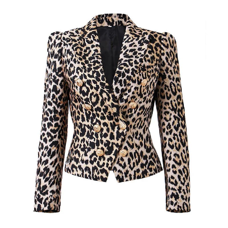 Smart Gold Toned Button Leopard Print Peak Lapel Double Breasted Tailored Blazer