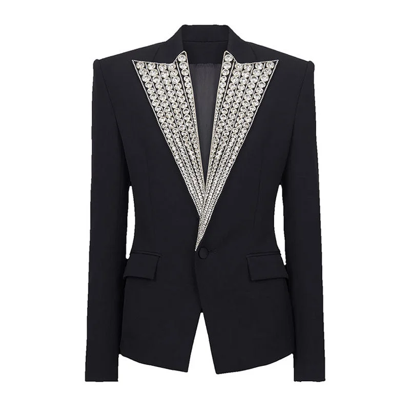 Sparkly Crystal Embellished Lapel Shoulder Pad Single Button Tailored Blazer