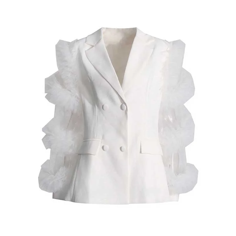 Splicing Mesh Ruffle Double Breasted Suit Jacket Blazer