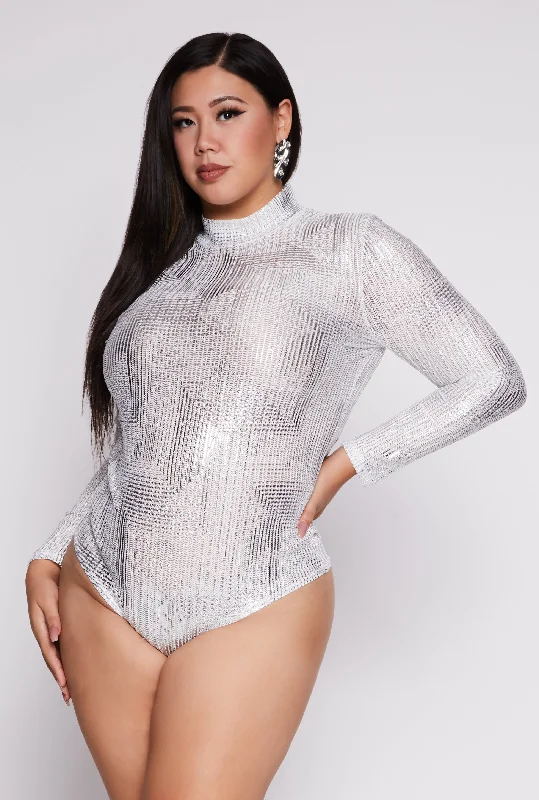 Plus Size Foil Screen Mock Neck Bodysuit