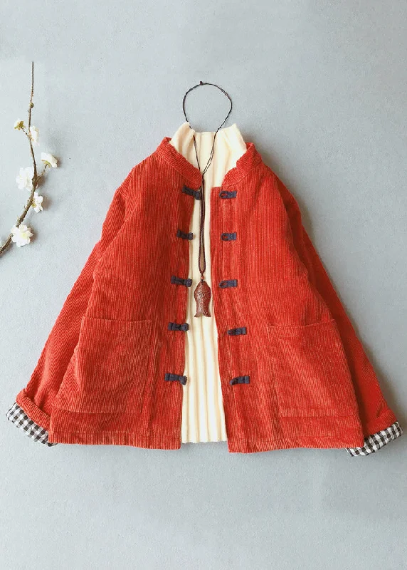 Women Orange Stand Collar Thick Corduroy Parkas Winter