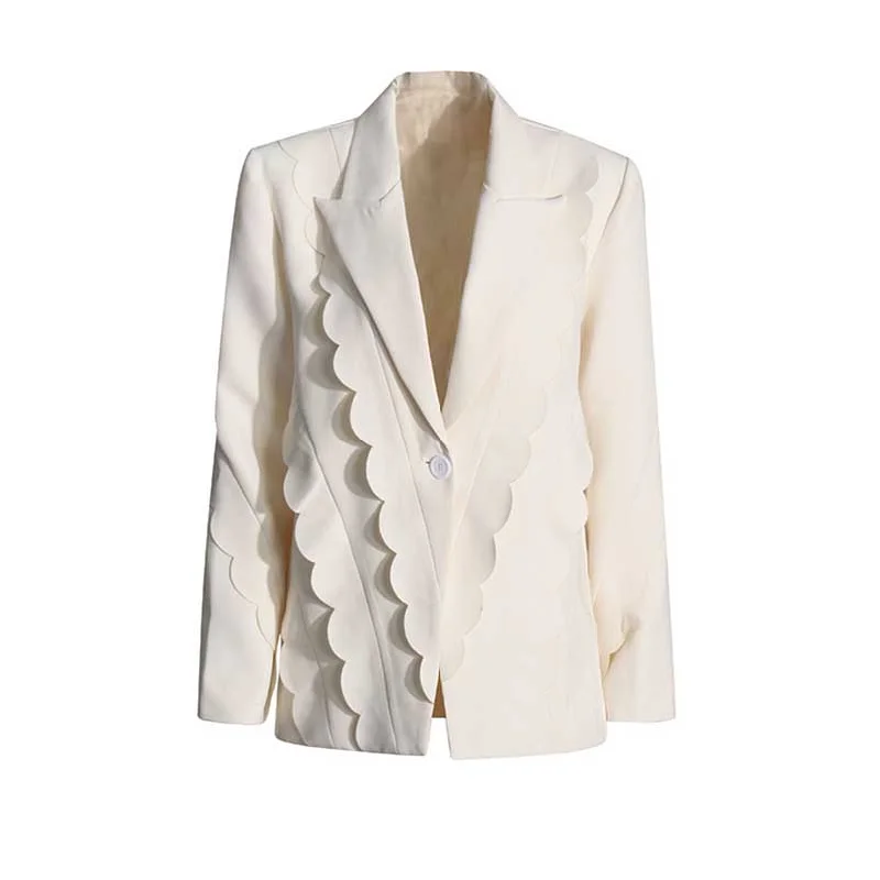 Women's Ruffled Blazer One Button Ivory Coat