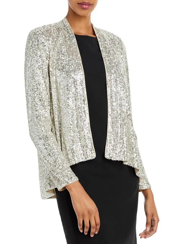 Womens Sequined Open Front Collarless Blazer