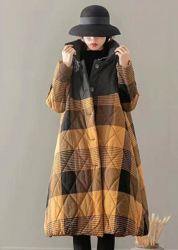 Yellow Pockets Plaid Patchwork Fine Cotton Filled Coats Button Winter