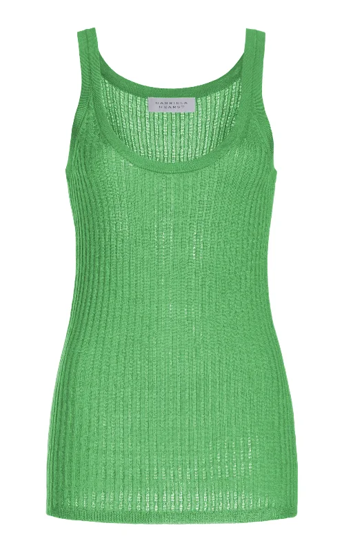 Nevin Pointelle Knit Tank Top in Peridot Green Cashmere Silk