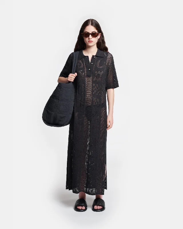 Parake - Paper Crochet Polo-Neck Dress - Black