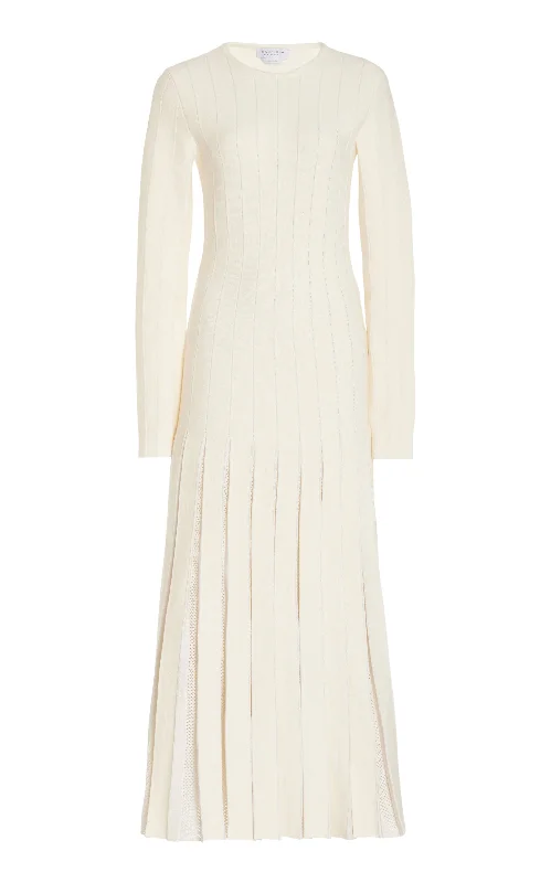 Walsh Knit Maxi Pleated Dress in Ivory Wool