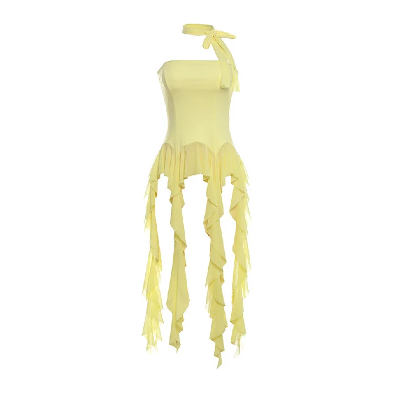 Asymmetrical Choker Draped Mesh Ruffle Fringe Fitted Peplum Tube Top