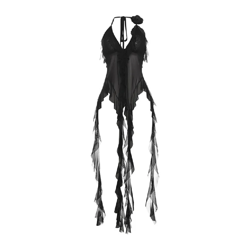 Asymmetrical Halter Plunge Neck Ruffle Fringe Sheer Mesh Rosette Top