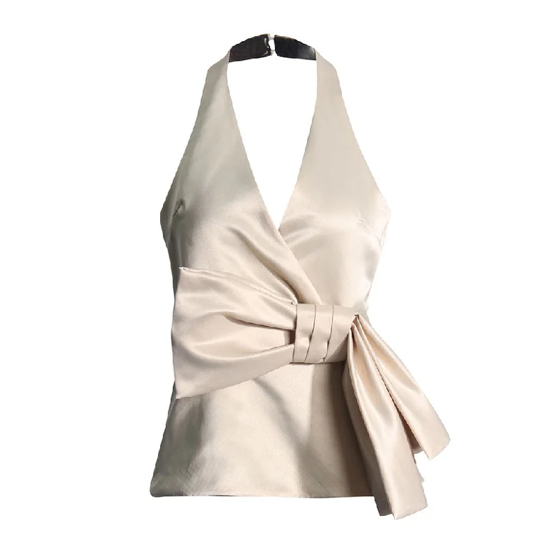 Luxurious Ribbon Bow Halter V Neck Cut Out Silky Satin Sleeveless Top