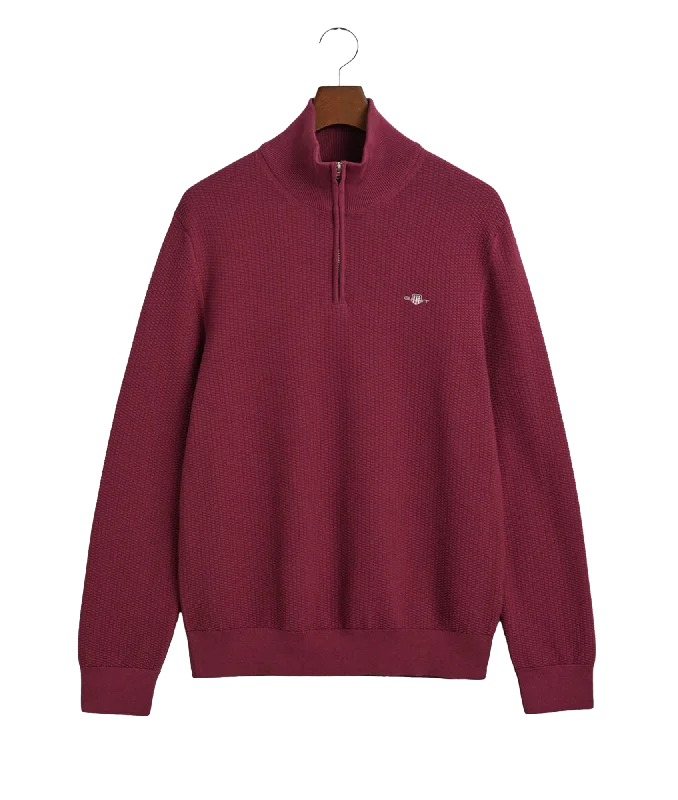 Micro Textured Cotton Half-Zip Sweater - Red