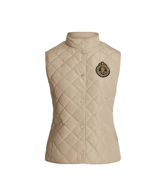 Crest-patch Quilted Mockneck Vest - Beige