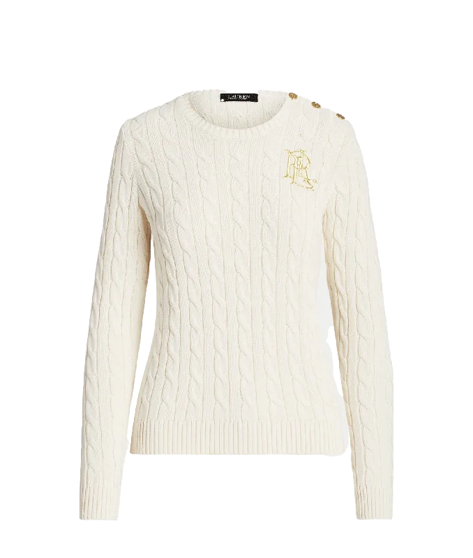 Button-trim Cable-knit Cotton Sweater - Cream