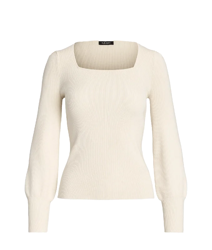 Rib-knit Puff-sleeve Sweater - Cream